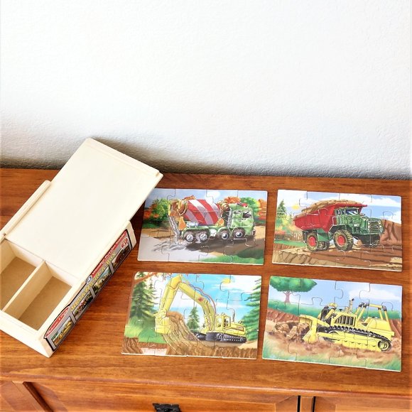 melissa & doug Construction Toy Wood Puzzles SET/4 + Wood storage box Toddler 3+